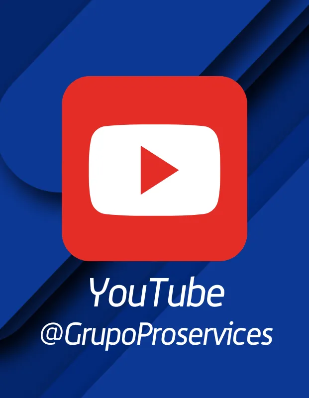 Logo de YouTube con el usuario @GrupoProservices sobre fondo azul.